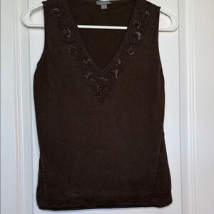 Ann Taylor Dark Brown Beaded V-Neck Sleeveless Tank